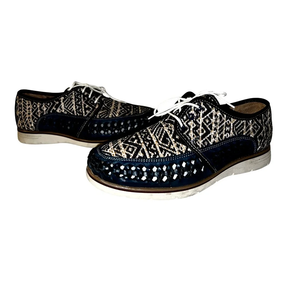 Huaraches Playera Men Navy Blue Woven Leather Geometric Lace Up Shoes Mexico